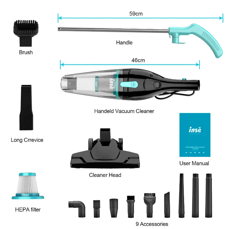 2-in-1 Lightweight Corded Vacuum with Long Cable and Multi Nozzles