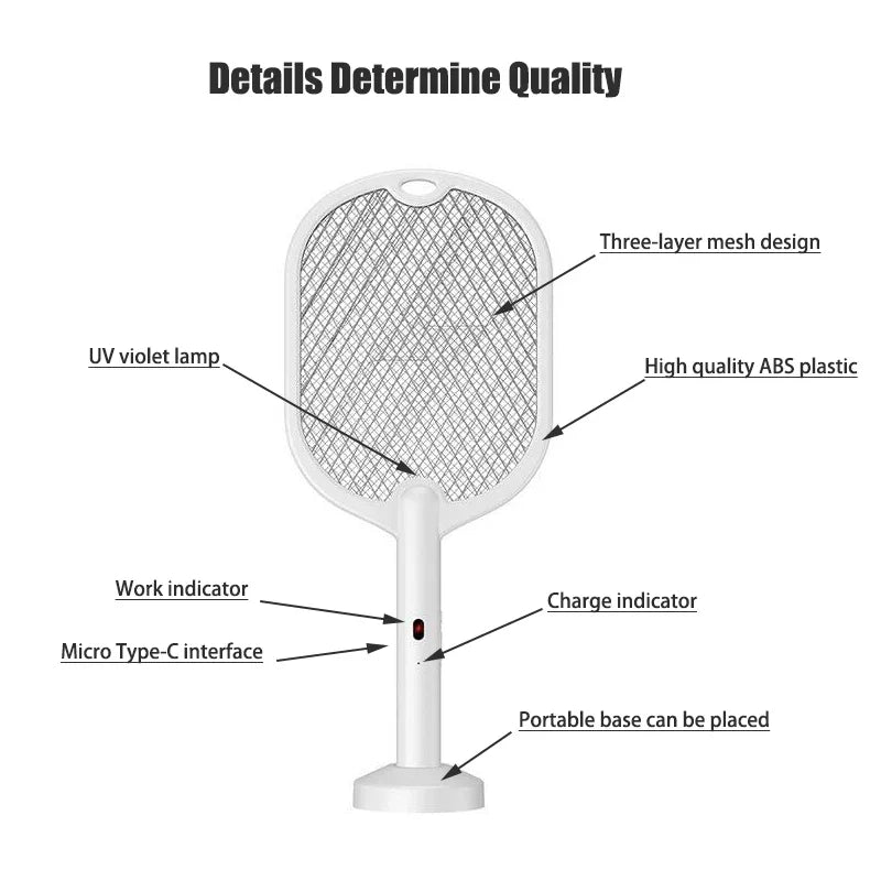 3-in-1 Electric Mosquito Swatter with Lamp and Wall Mount – 3000V & USB-C Charging