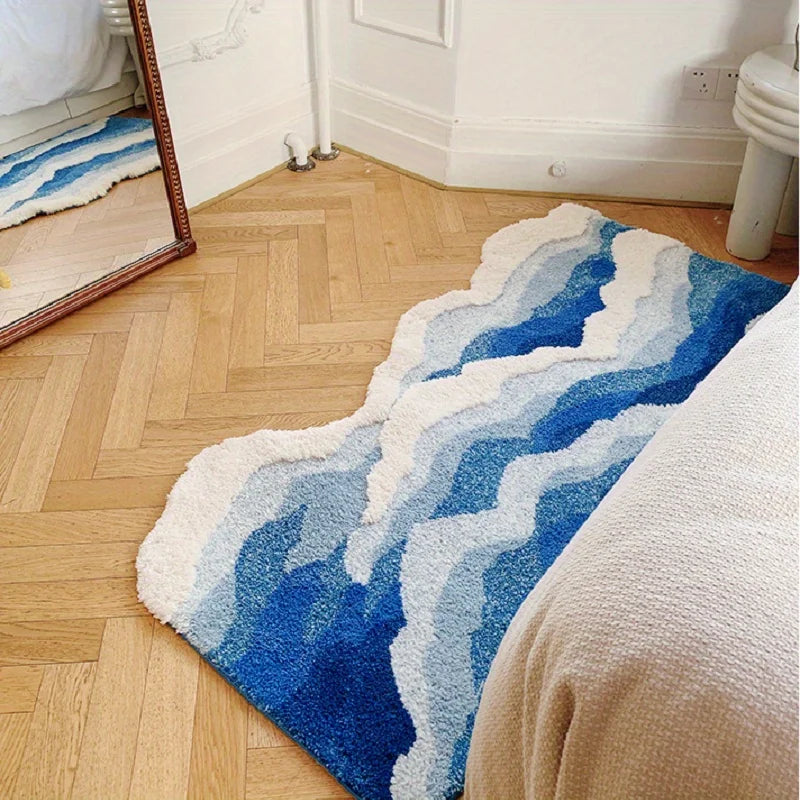Aesthetic Blue Sea Wave Area Rug Non-Slip Floor Pad for Home Décor