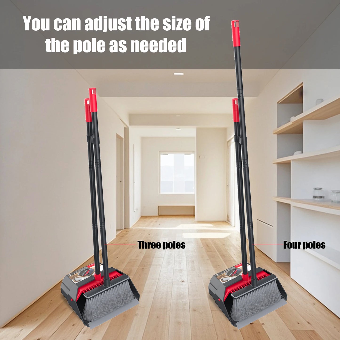 Adjustable Long-Handle Broom and Dustpan Set with Folding Dustpan