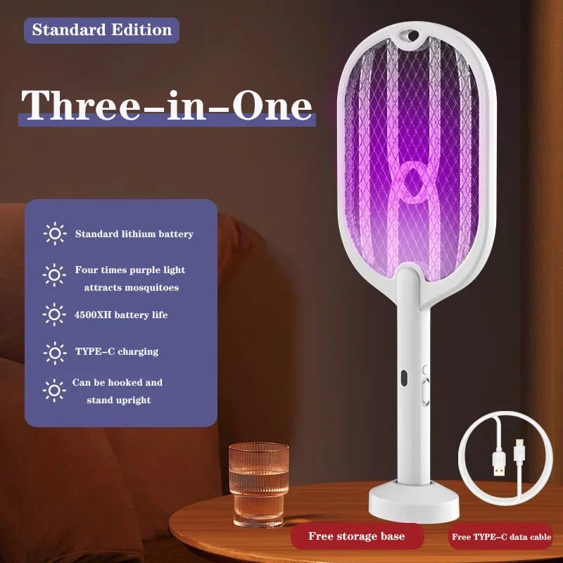 3-in-1 Electric Mosquito Swatter with Lamp and Wall Mount – 3000V & USB-C Charging