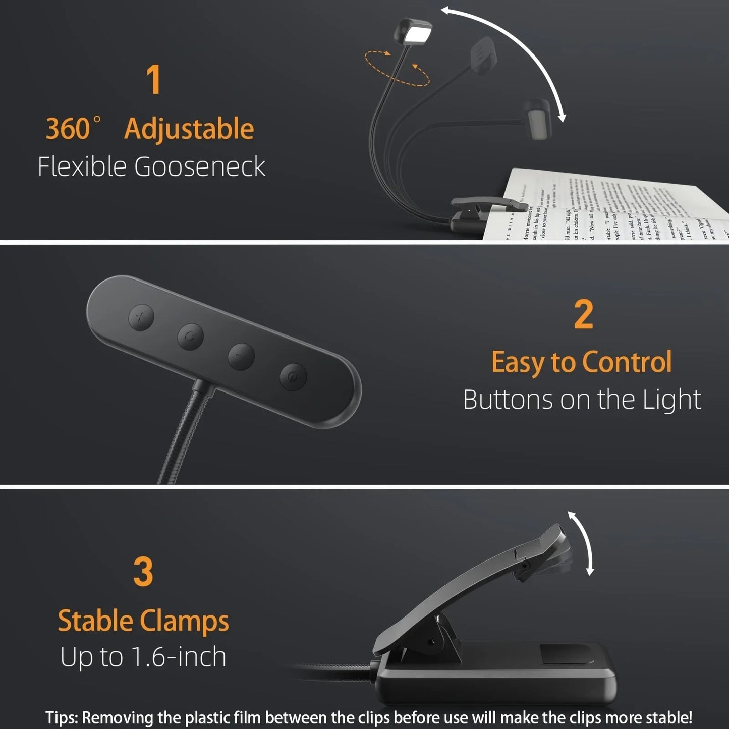 Portable Dimmable Book Light for Night Reading with USB Charging