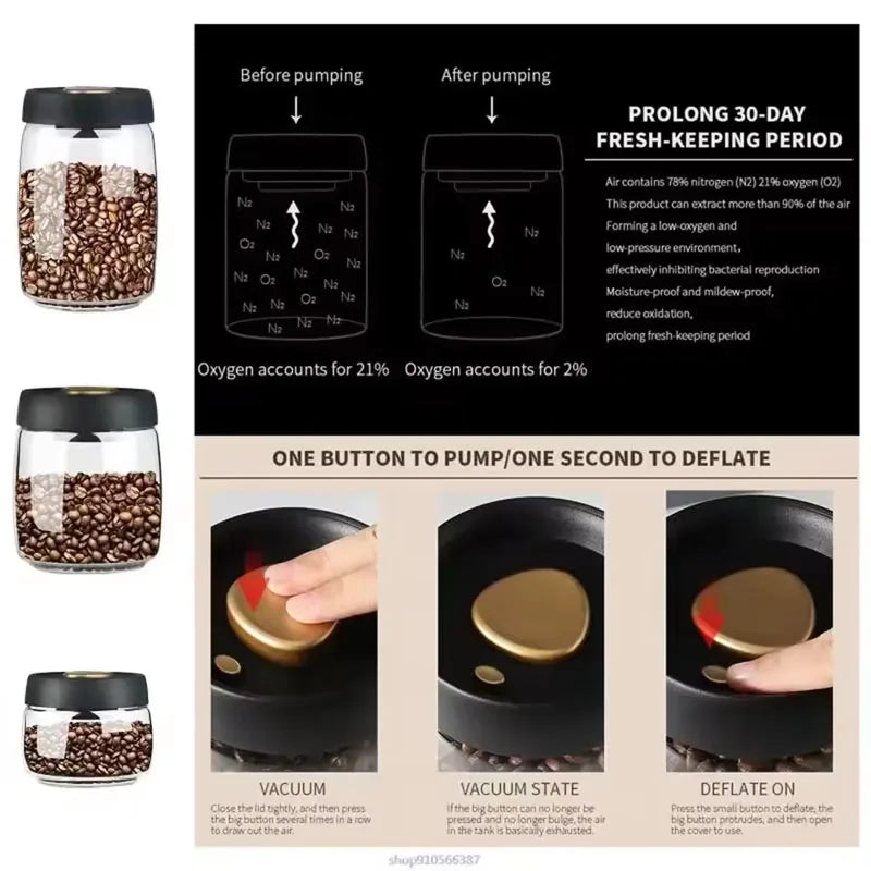 Transparent Glass Coffee Bean Jar Vacuum Airtight Food Storage Container