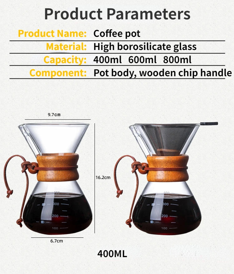 600ml Hand Glass Coffee Kettle with Stainless Steel Drip Filter