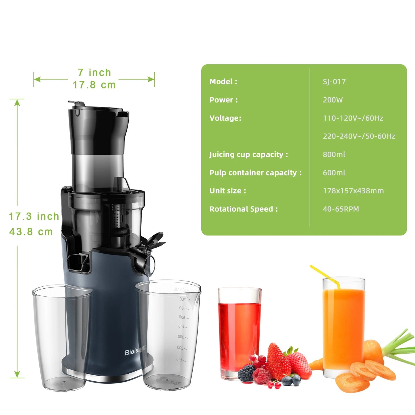 BioloMix Cold Press Juicer with 78mm Feed Chute and 200W Quiet Motor