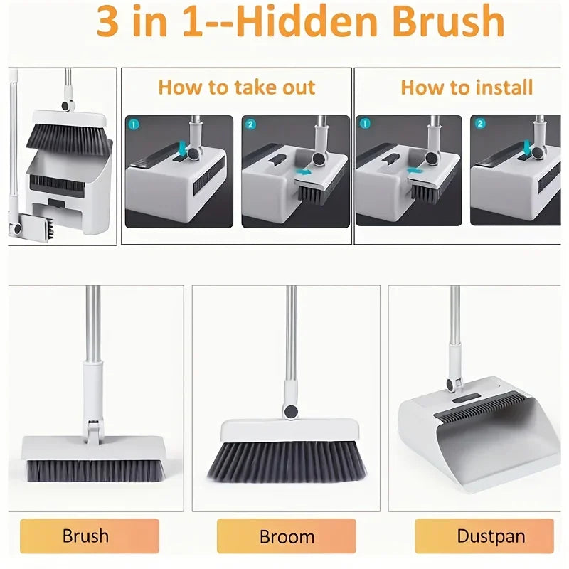 3-in-1 Folding Broom and Dustpan Set for Multi-Surface Cleaning