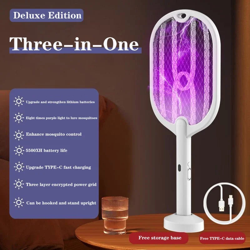 3-in-1 Electric Mosquito Swatter with Lamp and Wall Mount – 3000V & USB-C Charging