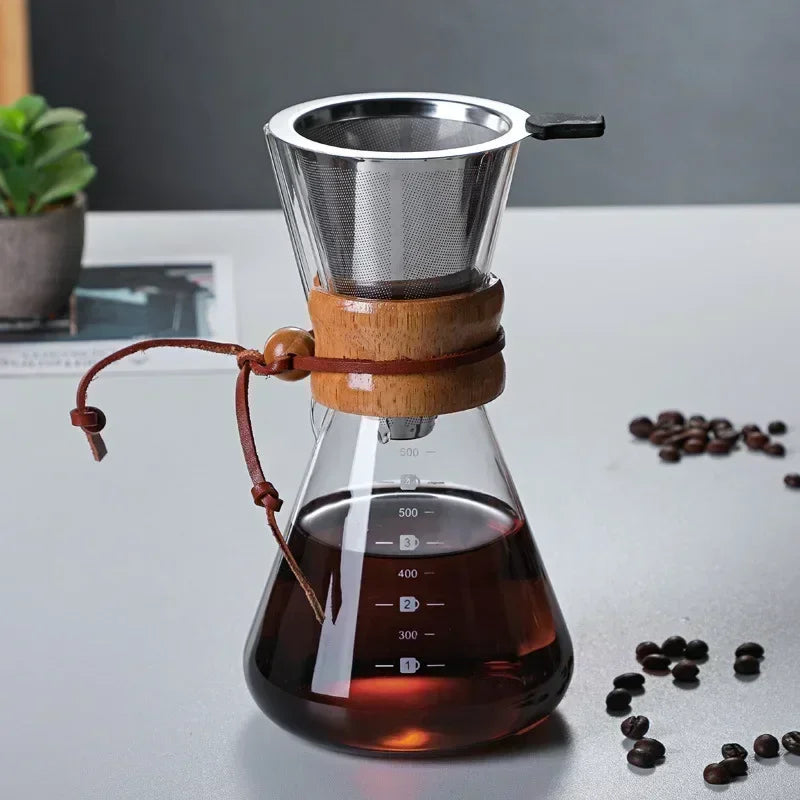 600ml Hand Glass Coffee Kettle with Stainless Steel Drip Filter