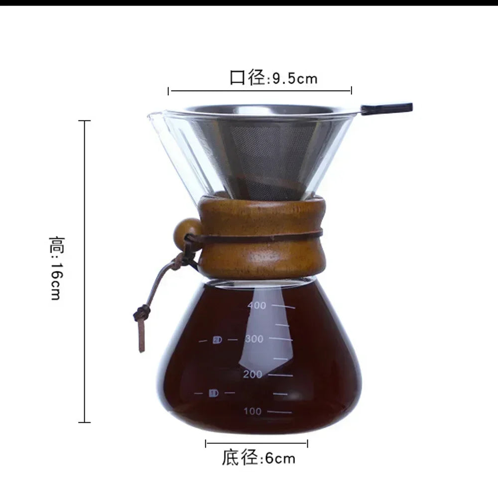600ml Hand Glass Coffee Kettle with Stainless Steel Drip Filter