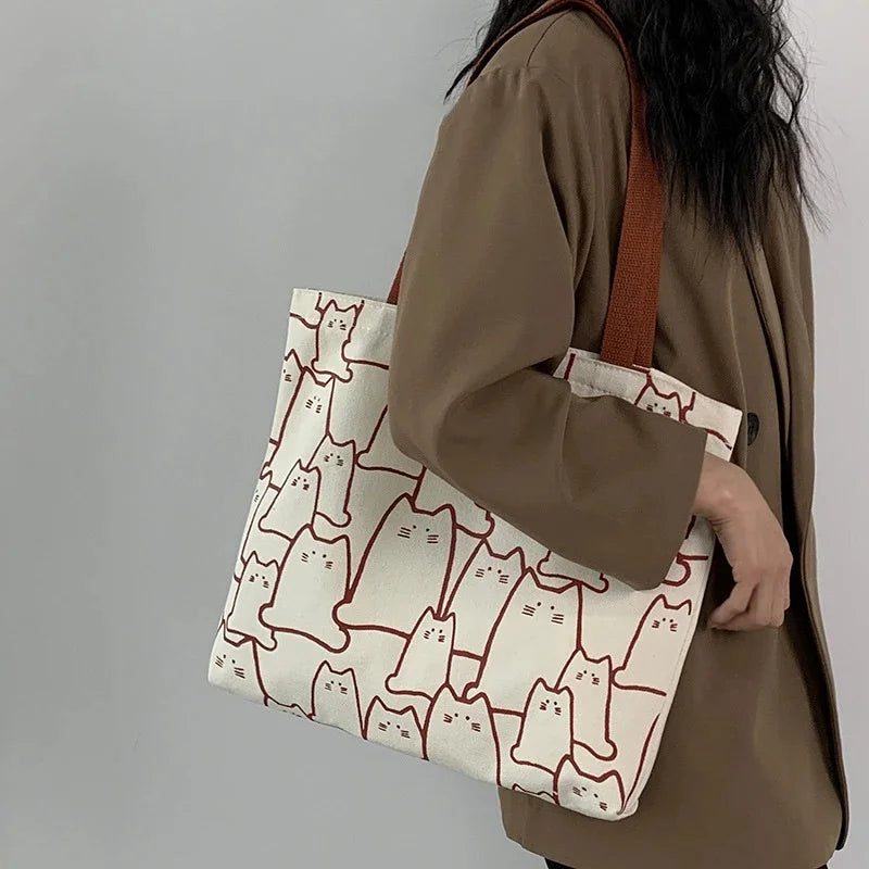 Japanese Style Cat Tote Shoulder Bag with Zipper Closure