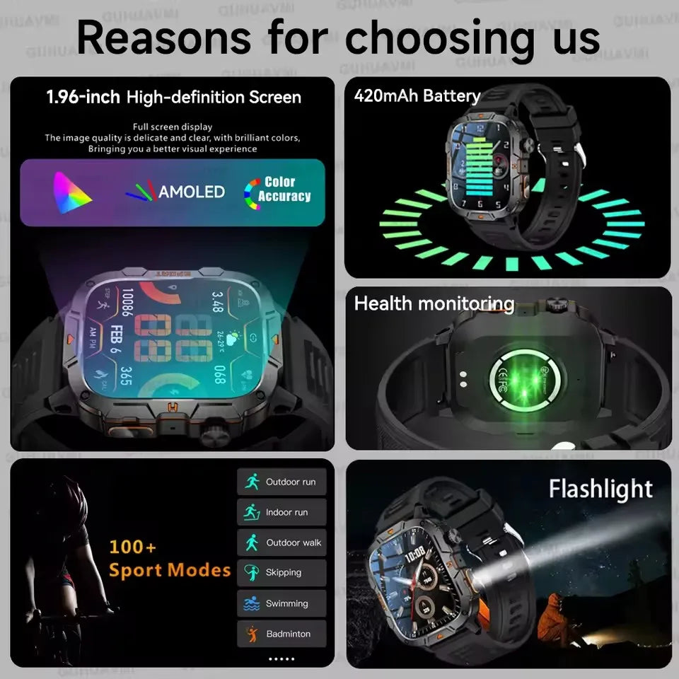 Men's Sports Smartwatch with HD Bluetooth Call & 100+ Modes – Military Grade