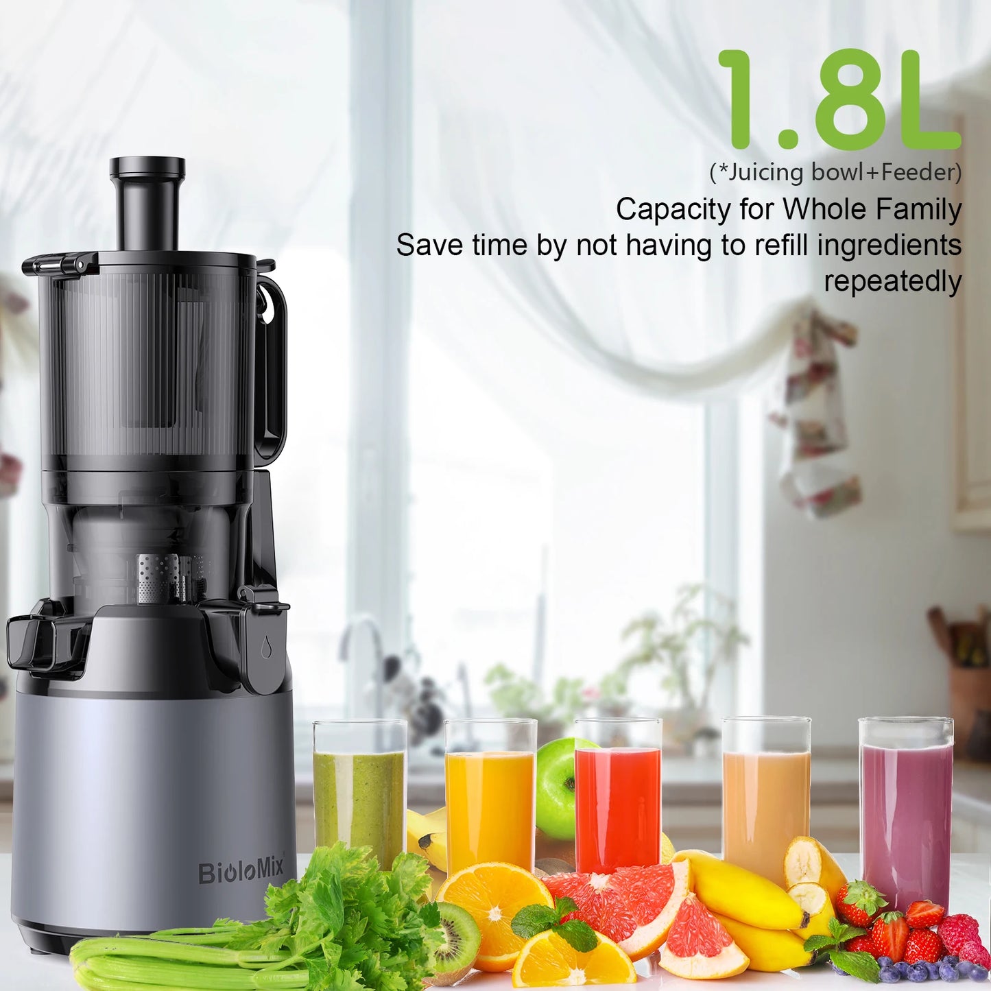 BioloMix Cold Press Juicer with 130mm Feed Chute and Triple Mesh Filtration