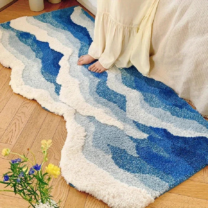 Aesthetic Blue Sea Wave Area Rug Non-Slip Floor Pad for Home Décor