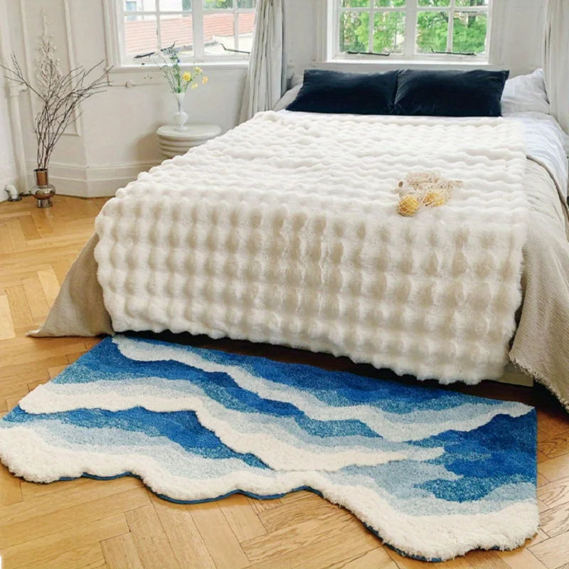 Aesthetic Blue Sea Wave Area Rug Non-Slip Floor Pad for Home Décor