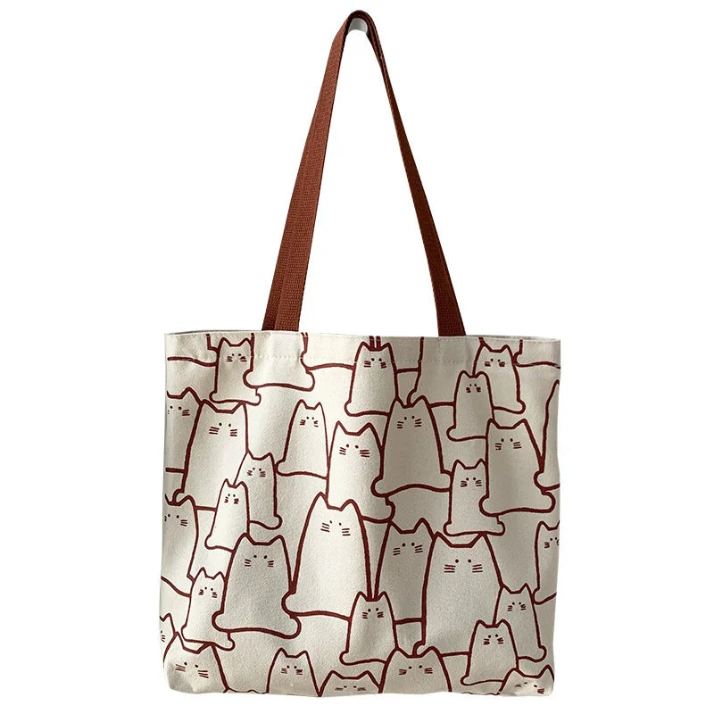 Japanese Style Cat Tote Shoulder Bag with Zipper Closure