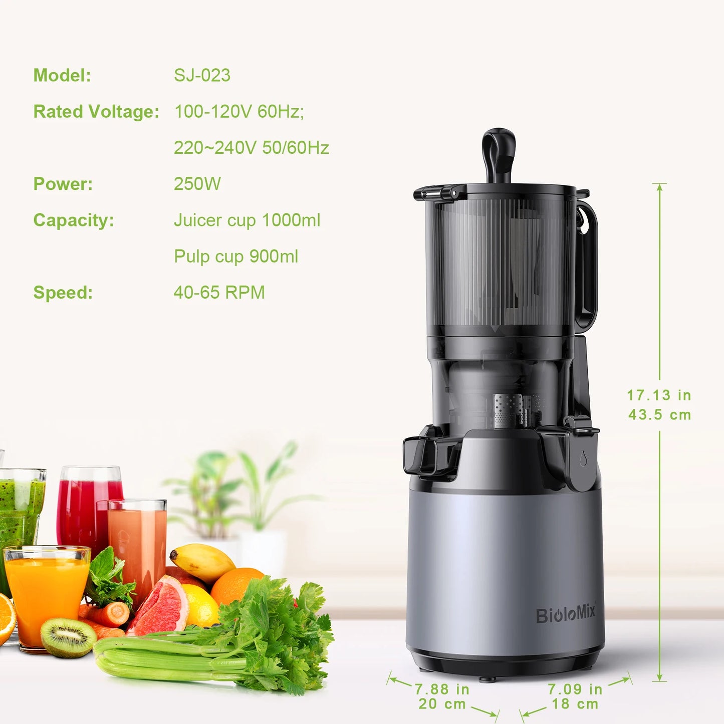 BioloMix Cold Press Juicer with 130mm Feed Chute and Triple Mesh Filtration