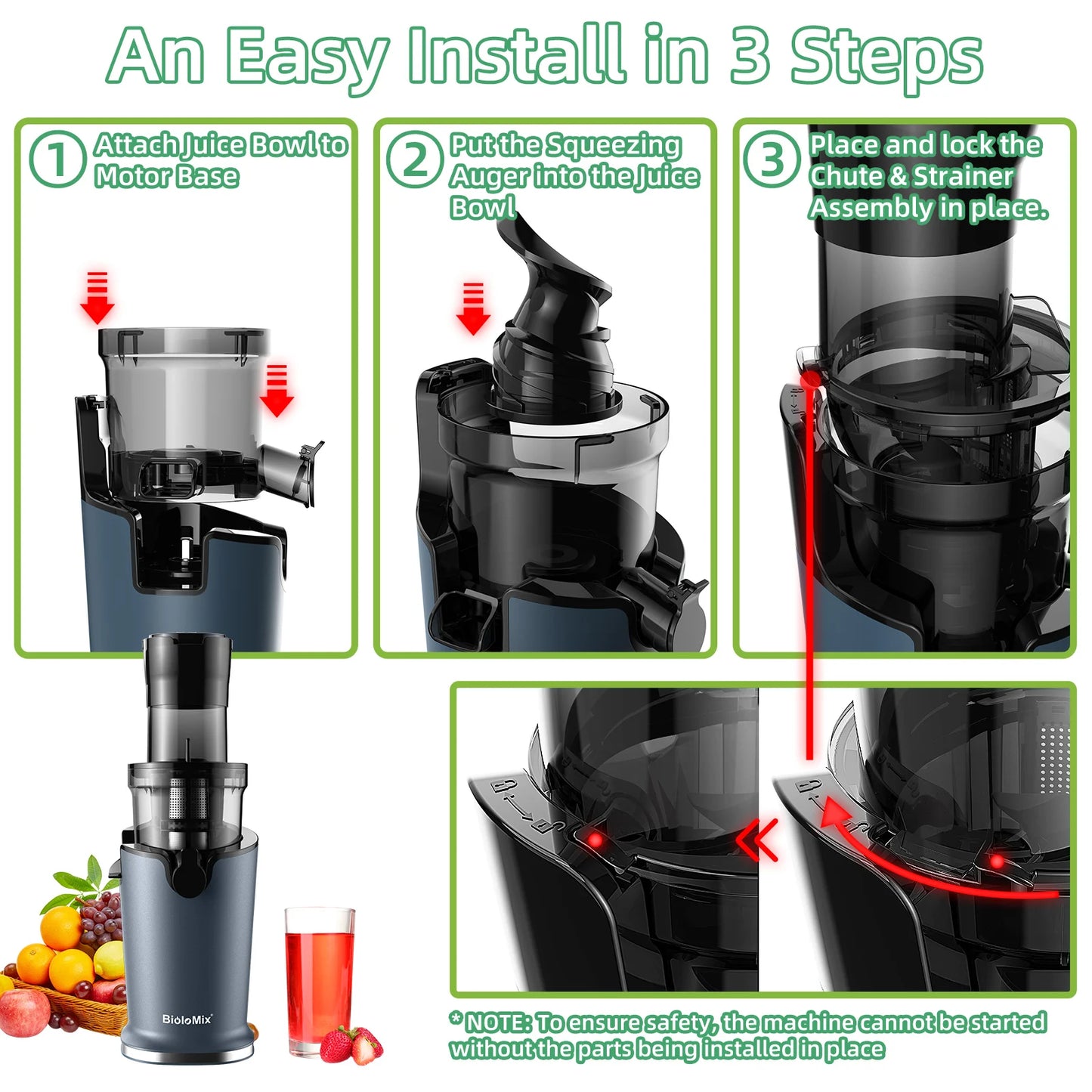 BioloMix Cold Press Juicer with 78mm Feed Chute and 200W Quiet Motor