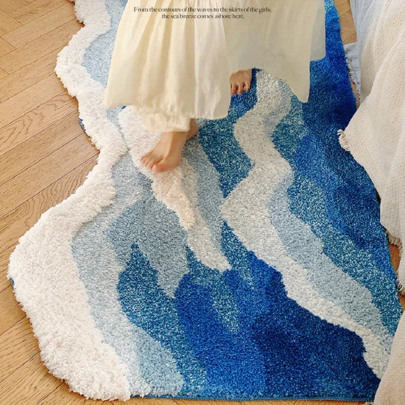 Aesthetic Blue Sea Wave Area Rug Non-Slip Floor Pad for Home Décor