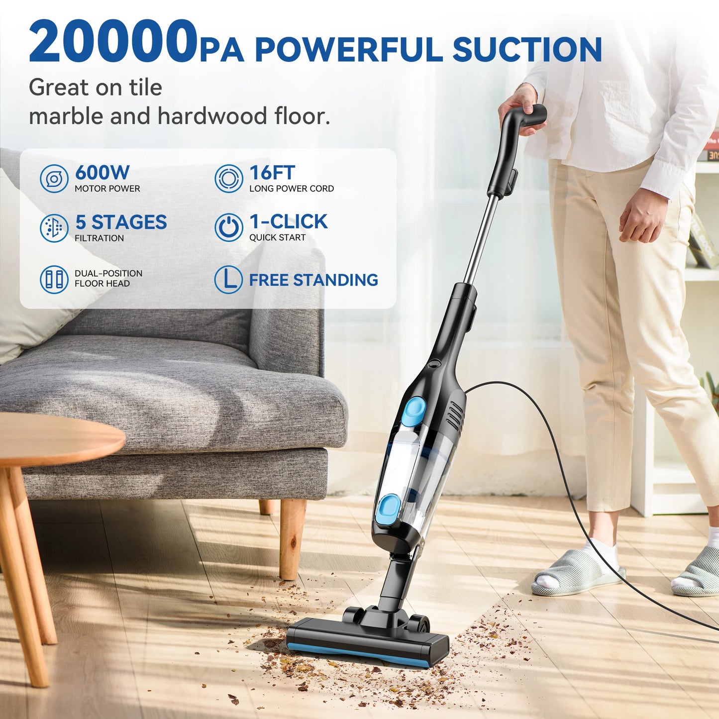 2-in-1 Lightweight Corded Vacuum with Long Cable and Multi Nozzles