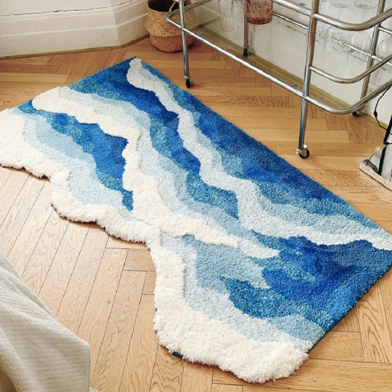 Aesthetic Blue Sea Wave Area Rug Non-Slip Floor Pad for Home Décor