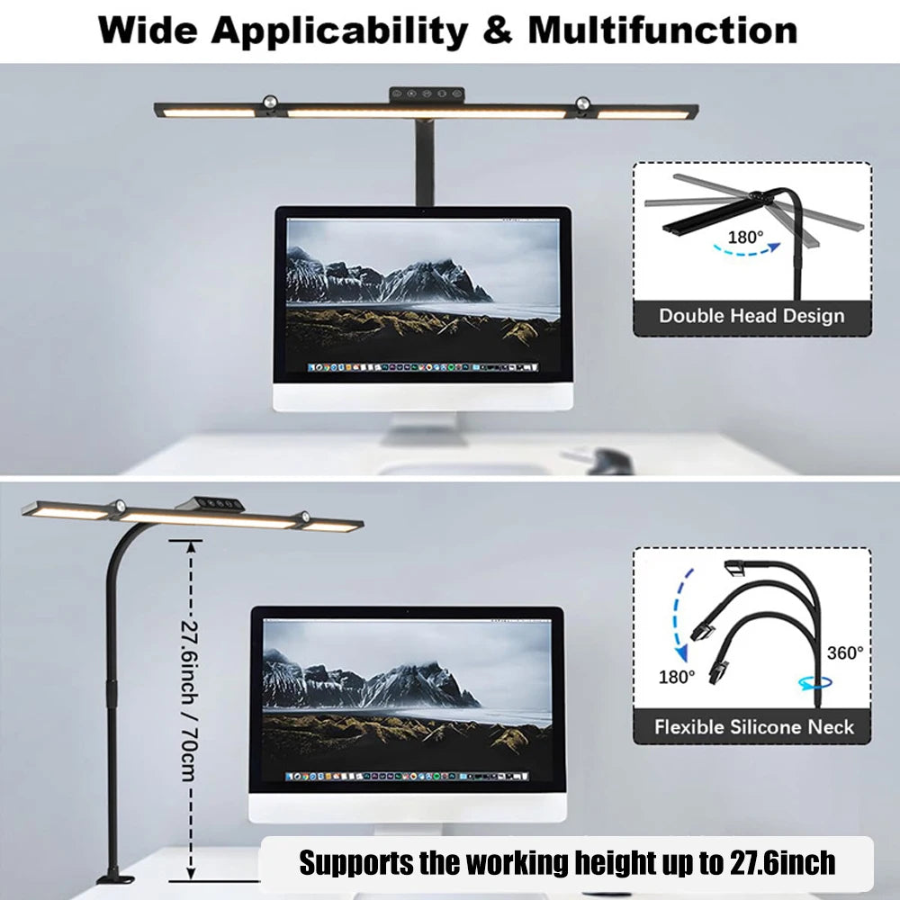 24W Triple Head LED Office Desk Lamp with Clamp and Stepless Dimming