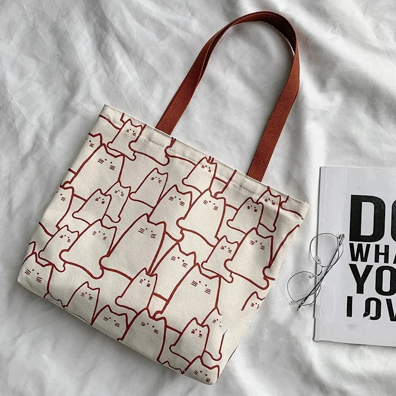 Japanese Style Cat Tote Shoulder Bag with Zipper Closure