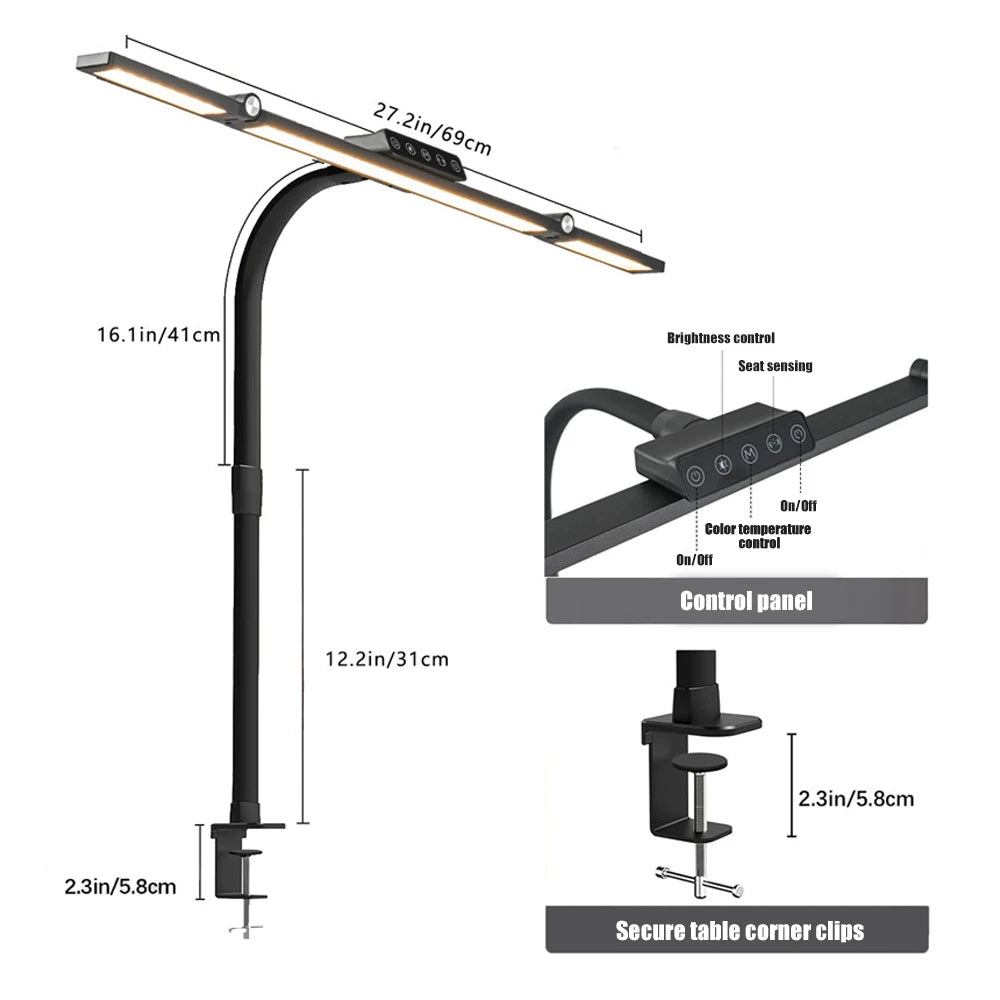 24W Triple Head LED Office Desk Lamp with Clamp and Stepless Dimming
