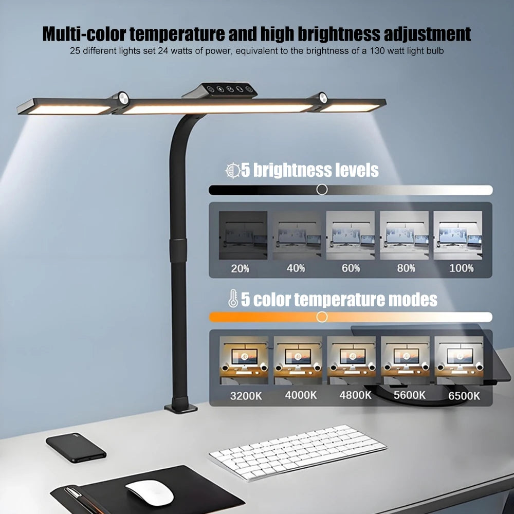 24W Triple Head LED Office Desk Lamp with Clamp and Stepless Dimming