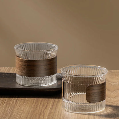 Transparent Glass Mug with Wooden Sleeve Stylish Coffee and Tea Cup