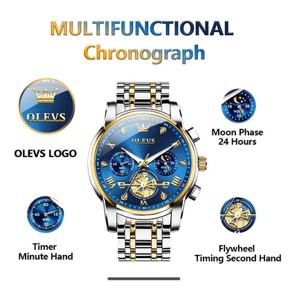 Elegant Men’s Chronograph Wristwatch with Roman Numerals and Moon Phase