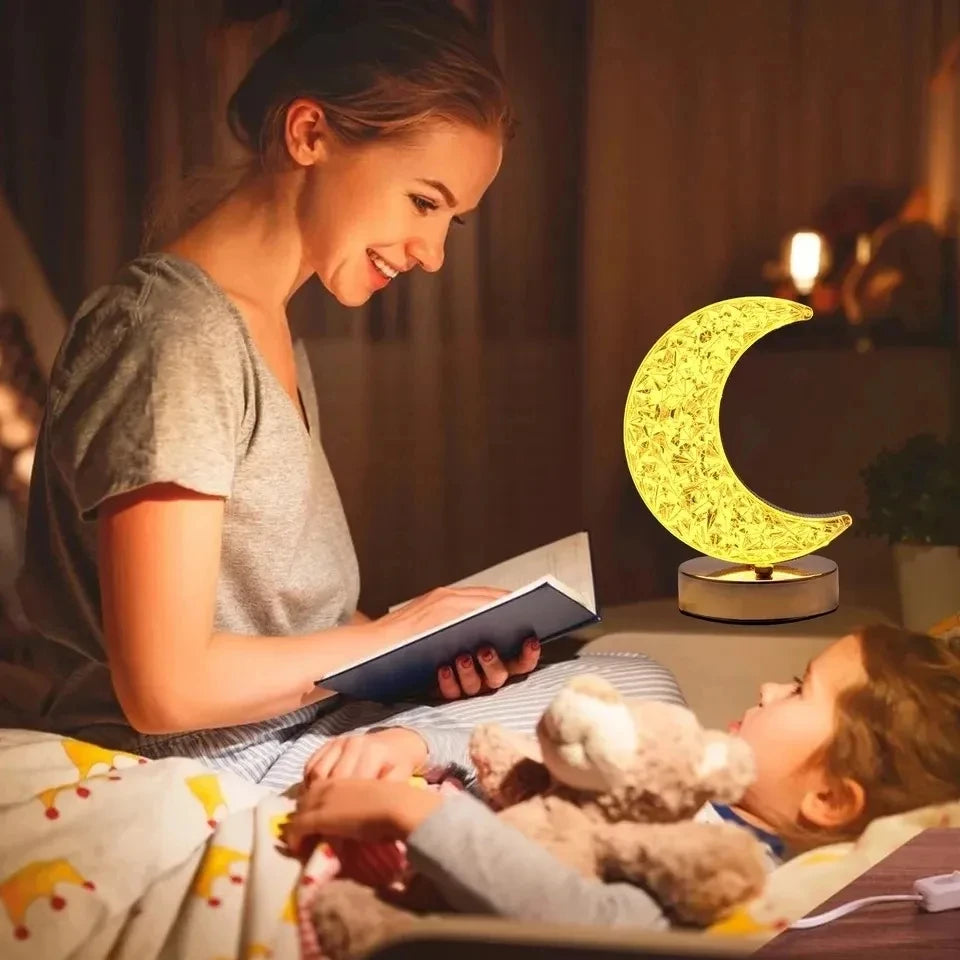 3D Crystal Moon Bedside Lamp Touch Control, Rechargeable & Stylish Night Light