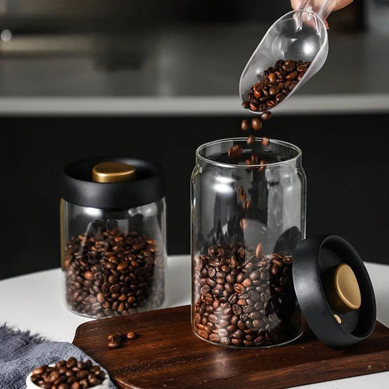 Transparent Glass Coffee Bean Jar Vacuum Airtight Food Storage Container