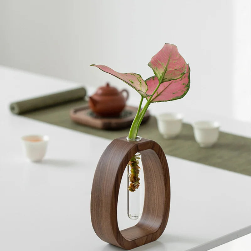 Handmade Solid Wood Holder with Glass Tube for Plant and Flower Display