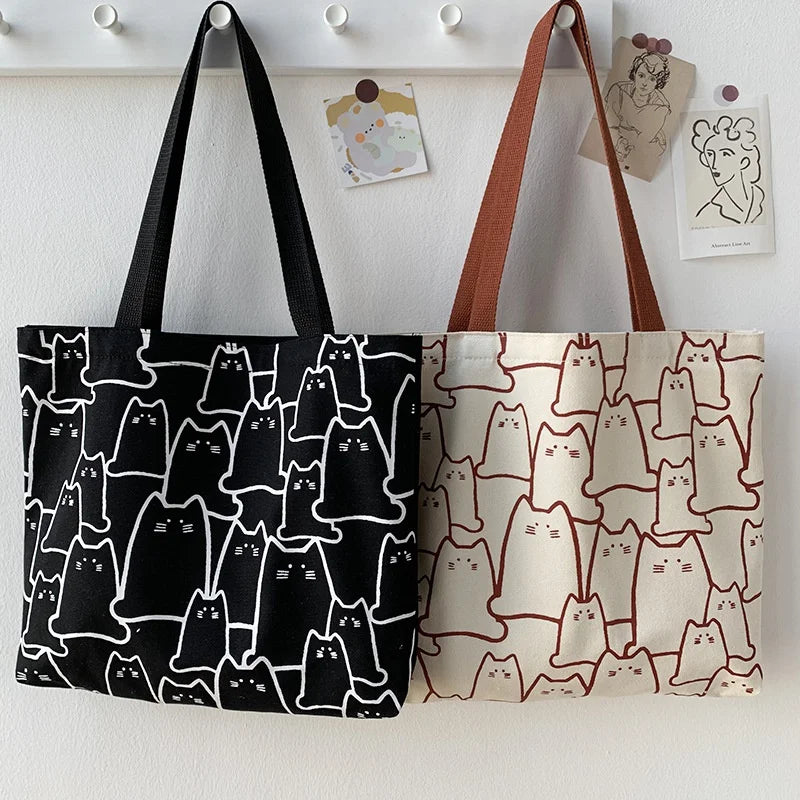 Japanese Style Cat Tote Shoulder Bag with Zipper Closure