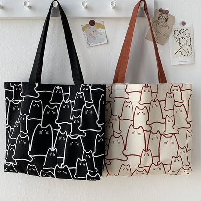 Japanese Style Cat Tote Shoulder Bag with Zipper Closure