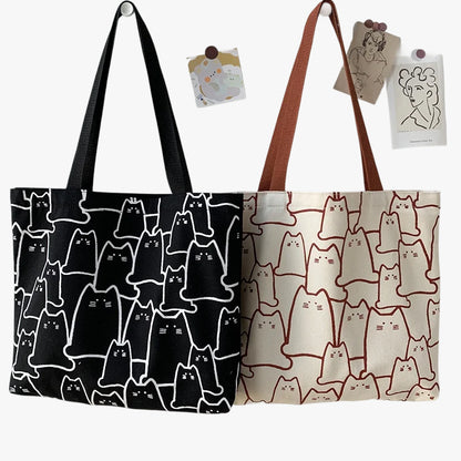 Japanese Style Cat Tote Shoulder Bag with Zipper Closure