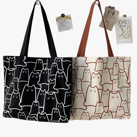 Japanese Style Cat Tote Shoulder Bag with Zipper Closure