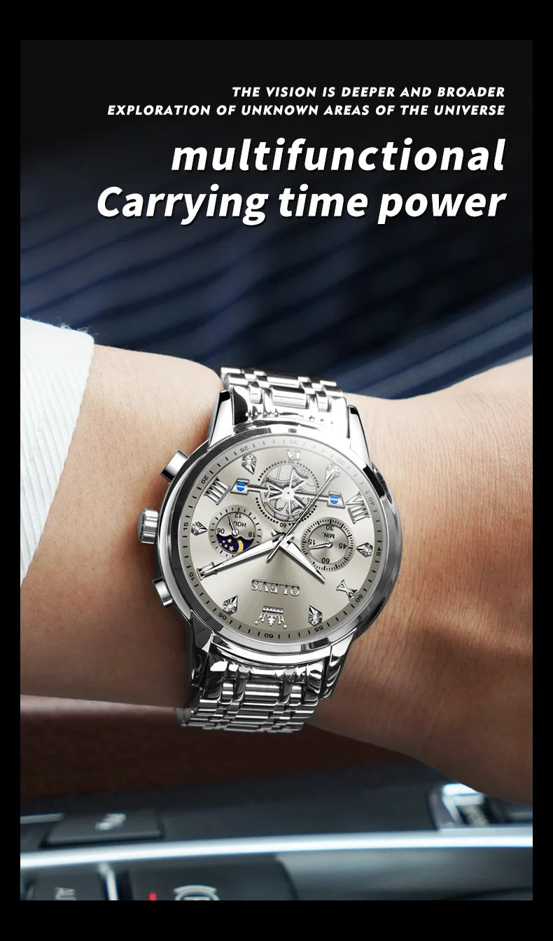 Elegant Men’s Chronograph Wristwatch with Roman Numerals and Moon Phase
