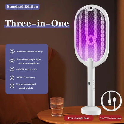 3-in-1 Electric Mosquito Swatter with Lamp and Wall Mount – 3000V & USB-C Charging