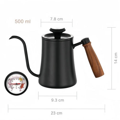 500ml Stainless Steel Coffee Pot with Thermometer and Wooden Handle