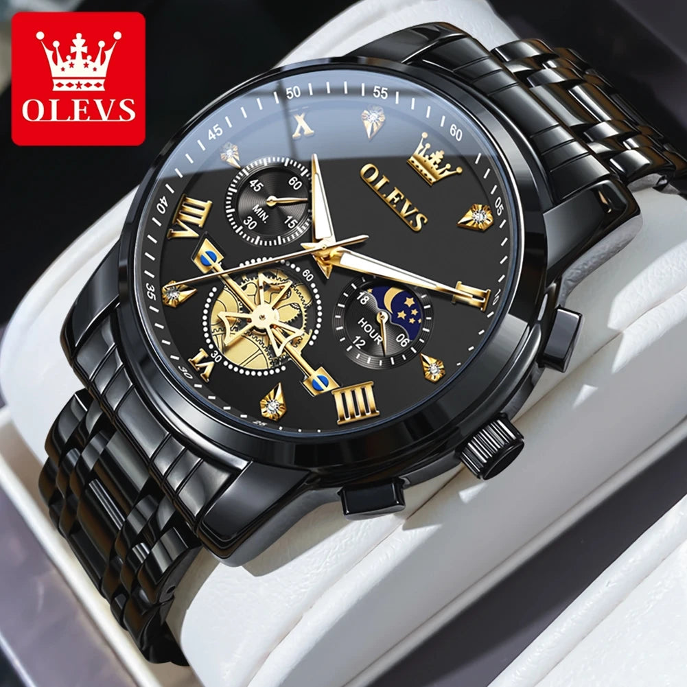 Elegant Men’s Chronograph Wristwatch with Roman Numerals and Moon Phase