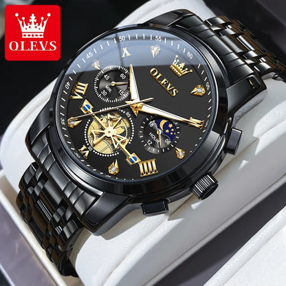 Elegant Men’s Chronograph Wristwatch with Roman Numerals and Moon Phase