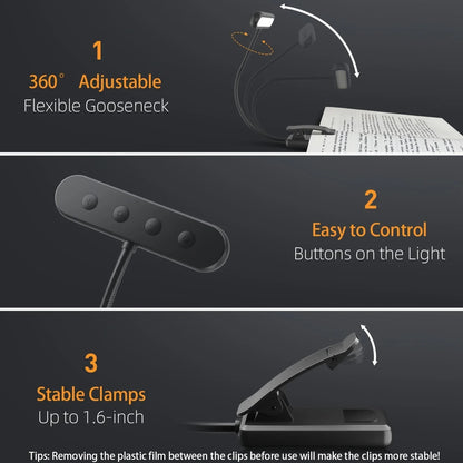 Portable Dimmable Book Light for Night Reading with USB Charging