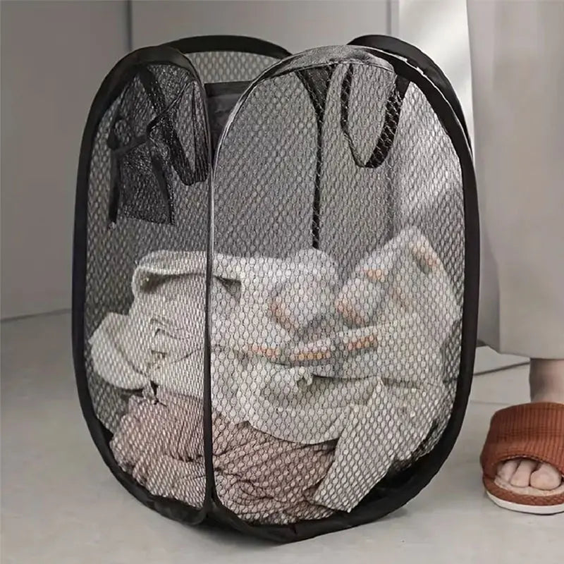 Foldable Mesh Laundry Basket with Pop-Up Design and Side Pockets