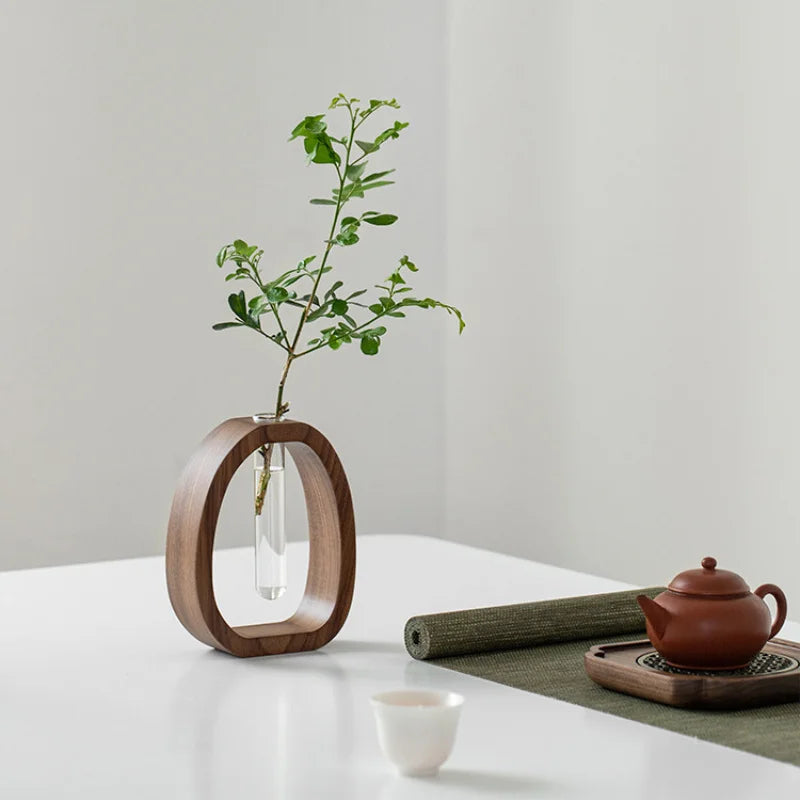 Handmade Solid Wood Holder with Glass Tube for Plant and Flower Display