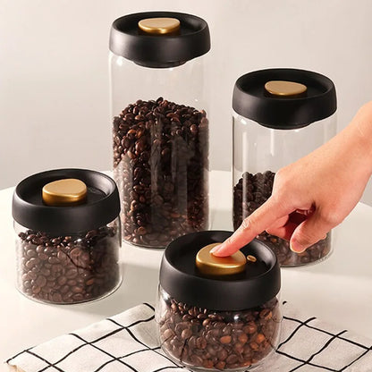 Transparent Glass Coffee Bean Jar Vacuum Airtight Food Storage Container