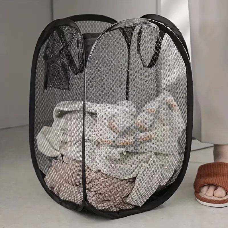 Foldable Mesh Laundry Basket with Pop-Up Design and Side Pockets