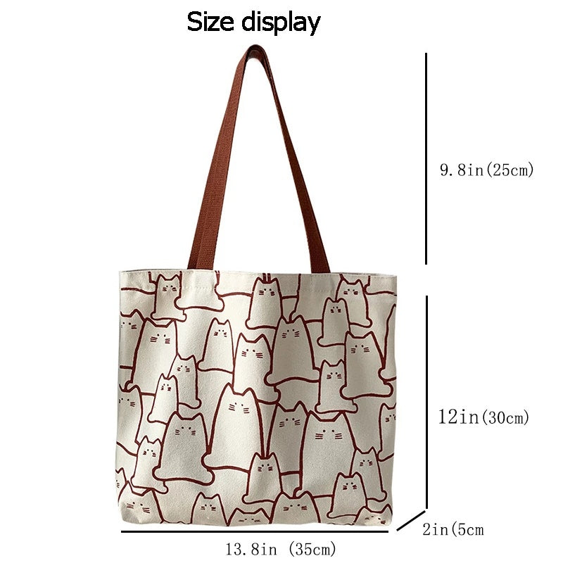 Japanese Style Cat Tote Shoulder Bag with Zipper Closure