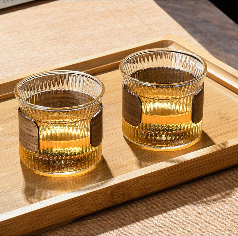 Transparent Glass Mug with Wooden Sleeve Stylish Coffee and Tea Cup