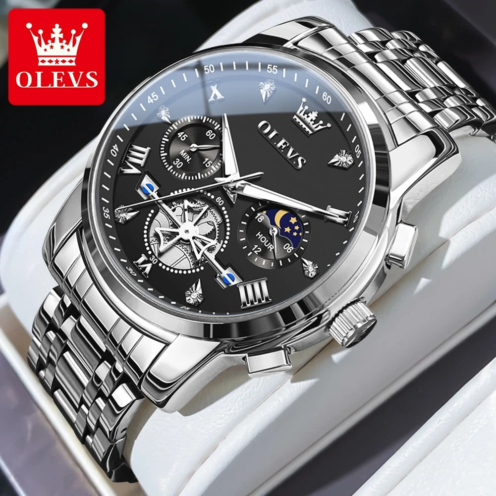 Elegant Men’s Chronograph Wristwatch with Roman Numerals and Moon Phase